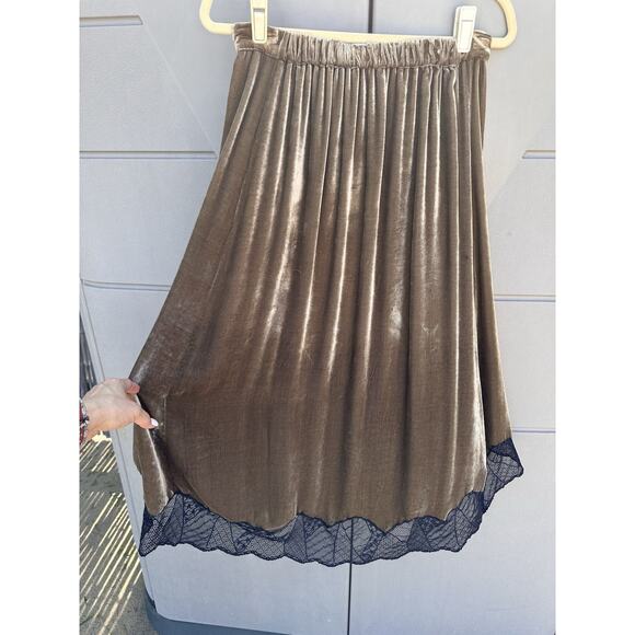Zadig & Voltaire Joslin Velvet Midi Skirt Brown Green High Low Lace Trim Sz 36/S - Picture 13 of 16